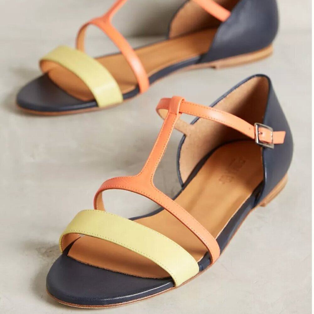 Anthropologie Navy, Peach & Lemon T-Strap Sandals